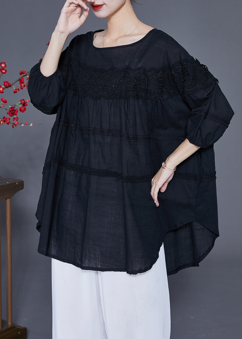 VCSHOES Black Oversized Patchwork Lace Linen Top Bracelet Sleeve