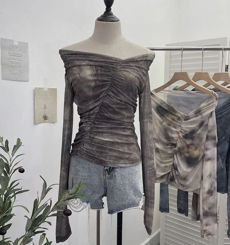 Uveng Real Shot Shoulder Tie-Dye Printing Mesh Hooded Design Long-Sleeved Irregular Folding Repair T-Shirt 9930