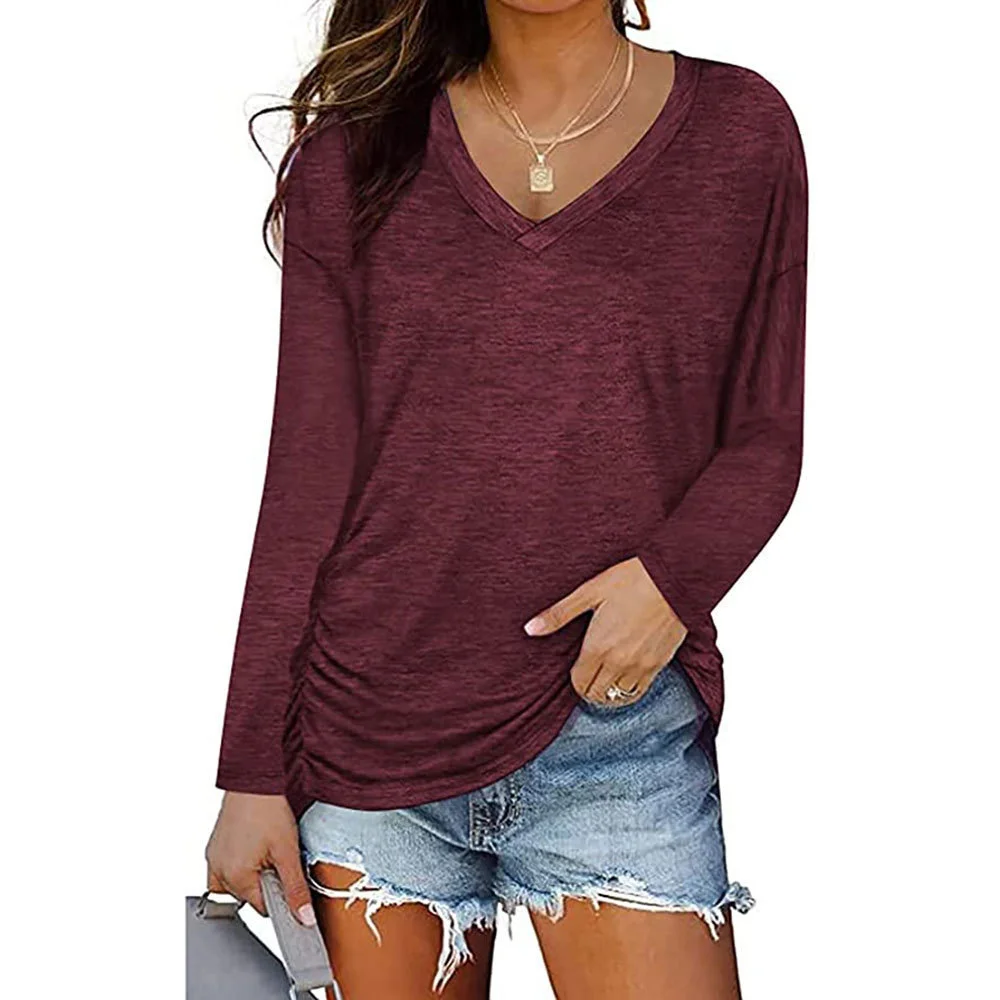 Churchf Churchf New 2023 Autumn / Winter 2023 Women's V-Neck Pleated Long Sleeve T-Shirt Solid Color Loose Casual Top