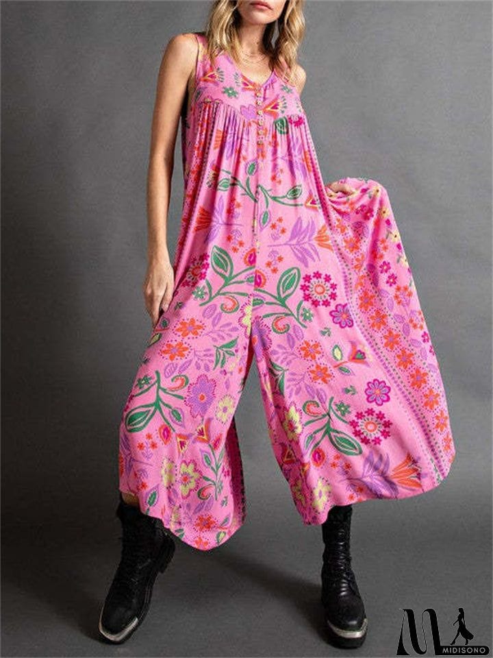 MidiSono - Women's Sleeveless Oversize Vintage Print Wide Leg Jumpsuit