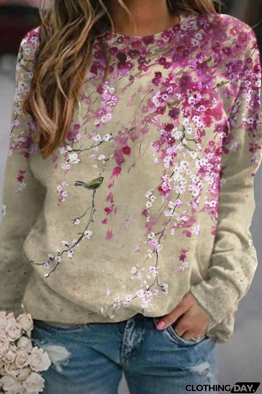 Floral Print Round Neck Long Sleeves Sweatshirt