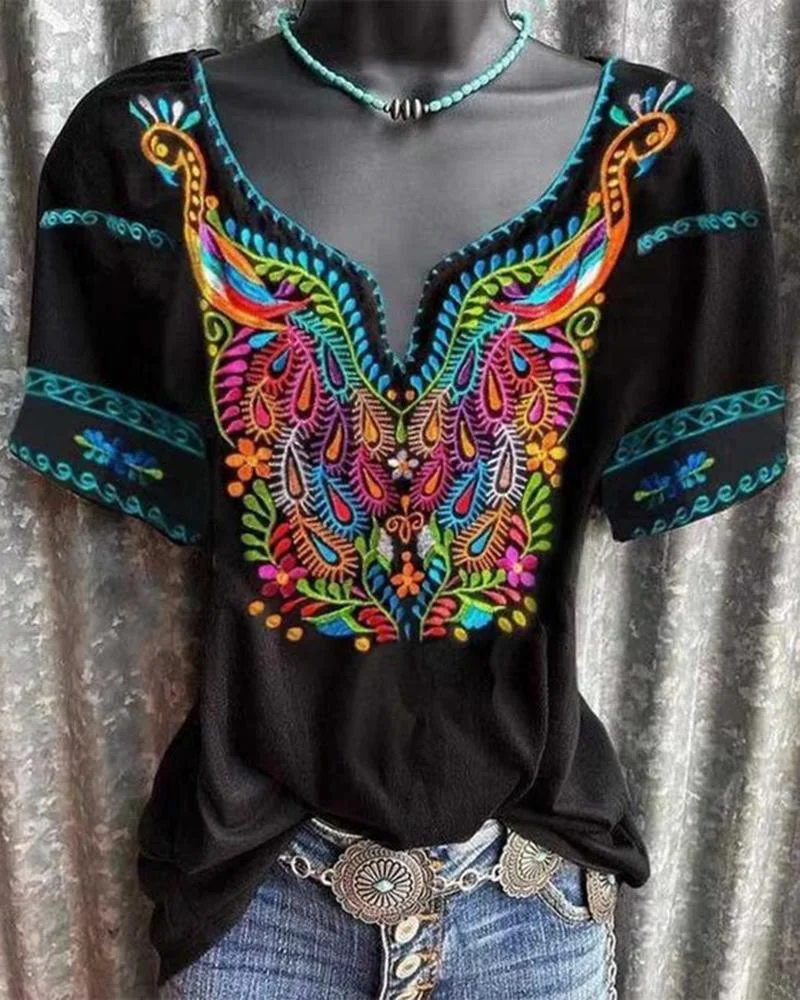 Women's Floral Print Ethnic Style Short Sleeve  T-Shirt-030911