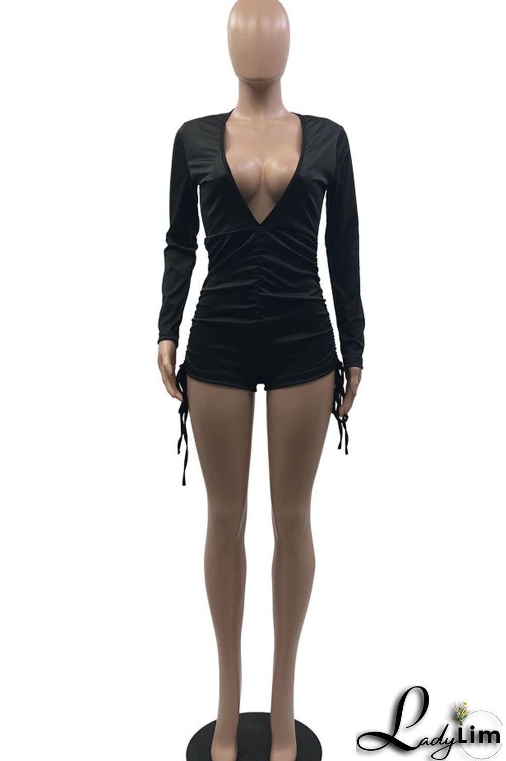 Black Sexy Solid Patchwork Fold V Neck Skinny Jumpsuits