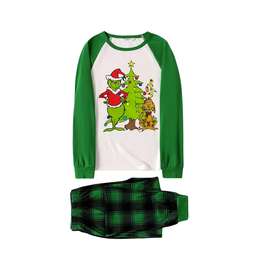 Cartoon Pattern and Christmad Tree Printed Green Plaid Long Sleeve Christmas Family Pajamas