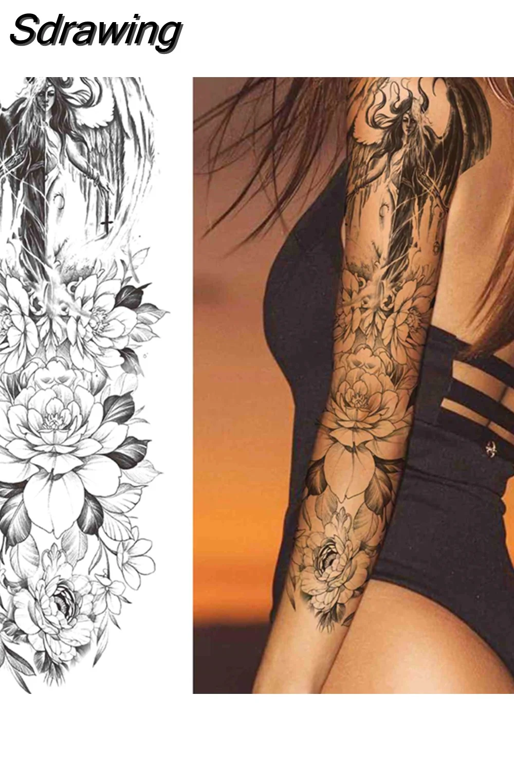 Sdrawing Totem Temporary Tattoo Sleeve For Men Women Adult Fake Flower Shoulder Tatoos Sticker Black Skull Tattoos Big Full Arm 521-0