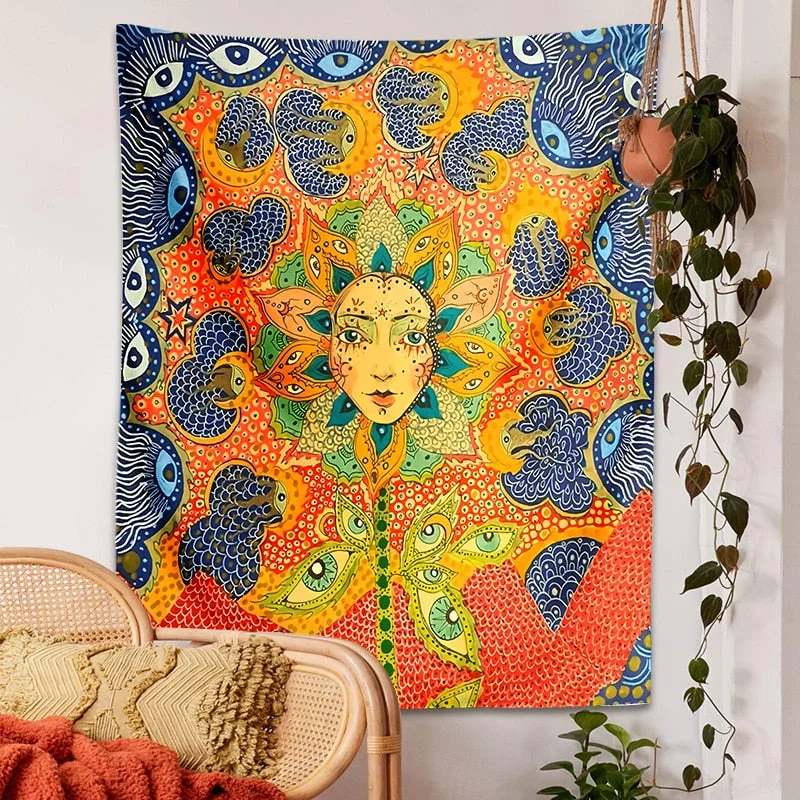 Psychedelic Girl Tapestry Wall Hanging Botanical Celestial Floral Tapestry Hippie Eye Wall Carpets Dorm Decor Starry SkyCarpet