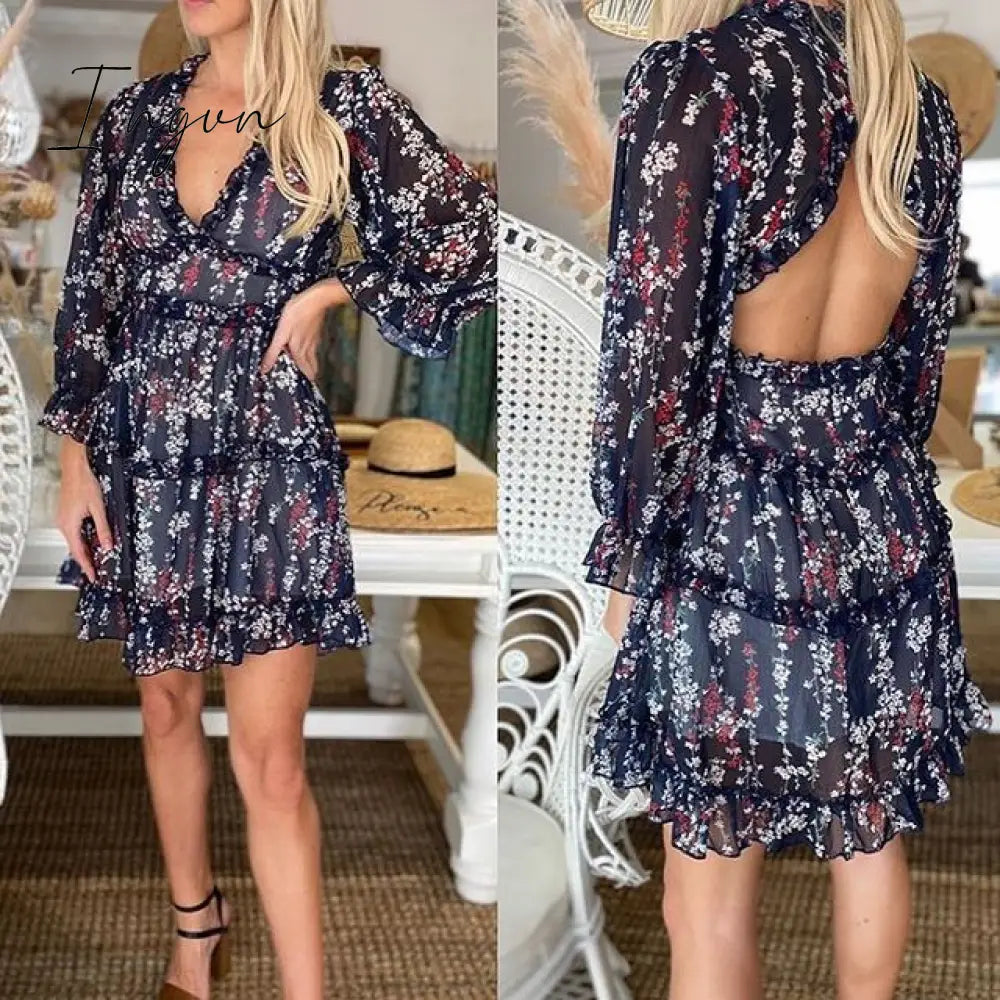 Ingvn - Harlow Floral Print Ruffle Dress Women Backless V - Neck Dress Mini Summer Ladies Party