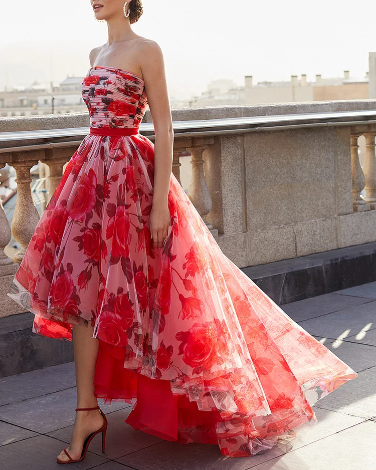 Irregular chiffon silk print dress Gown