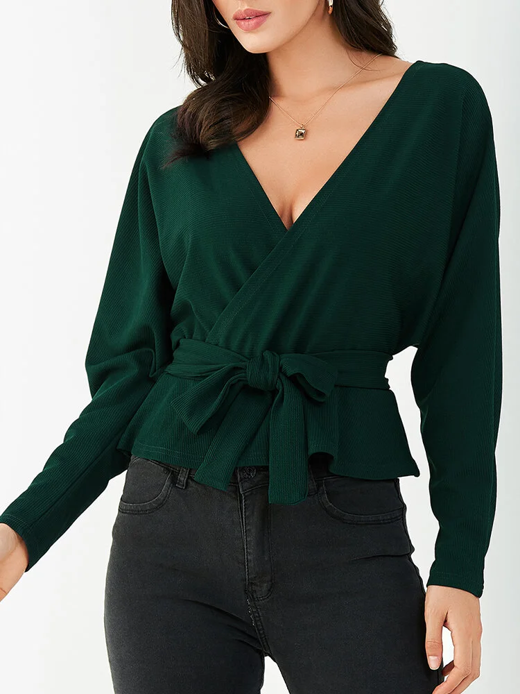 Solid Color Backless V-neck Knotted Long Sleeve Casual Sweater for Women