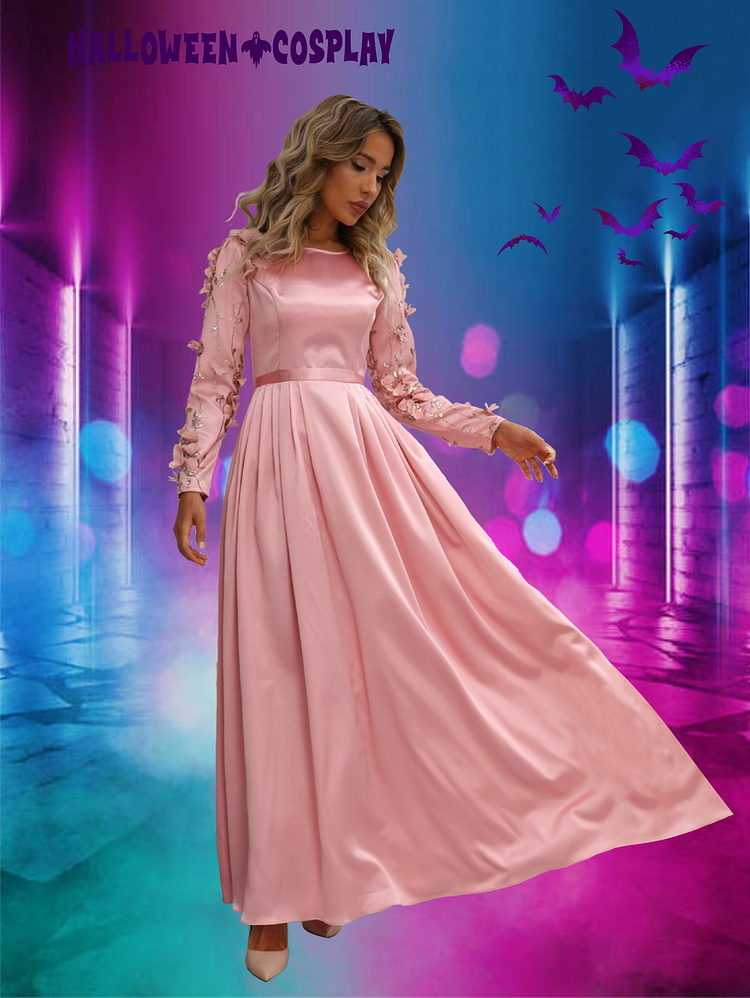 Halloween Elegant 3D Floral Crew Neck Long Sleeve Pink Maxi Dress cosplay
