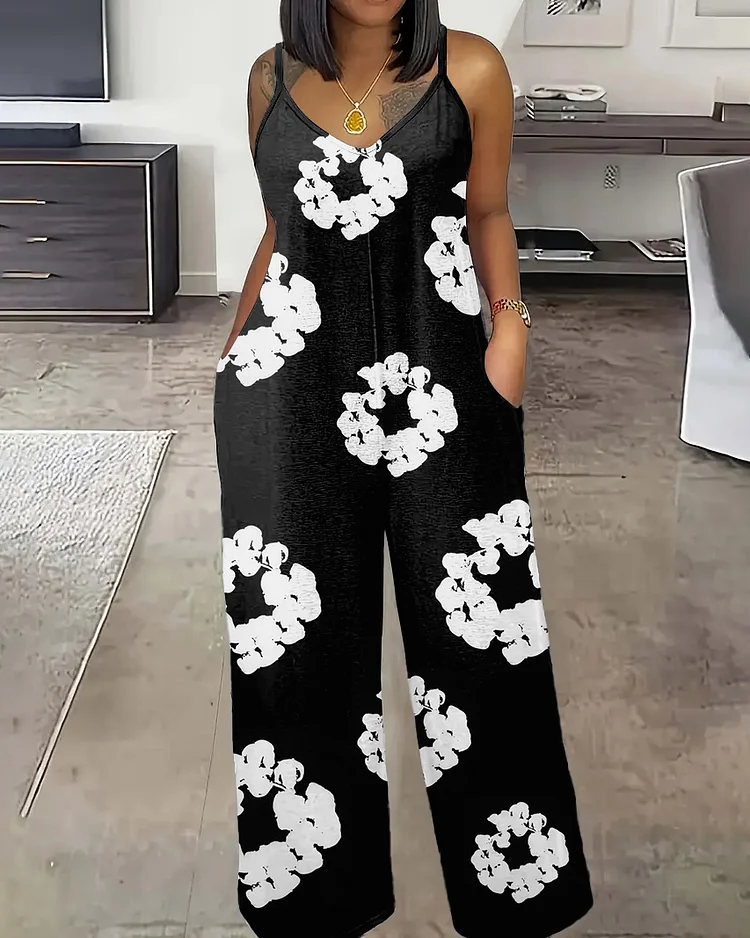 White Cotton Flowers Sleeveless Straight Jumpsuit