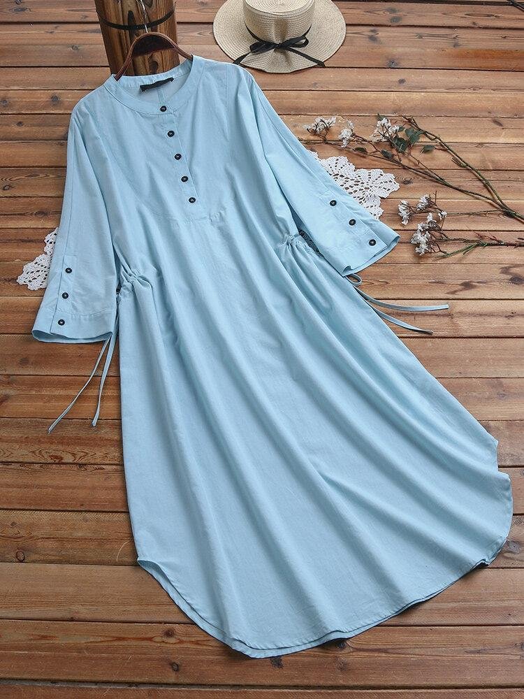 Women Scoop Neck Solid Color Long Sleever Dress