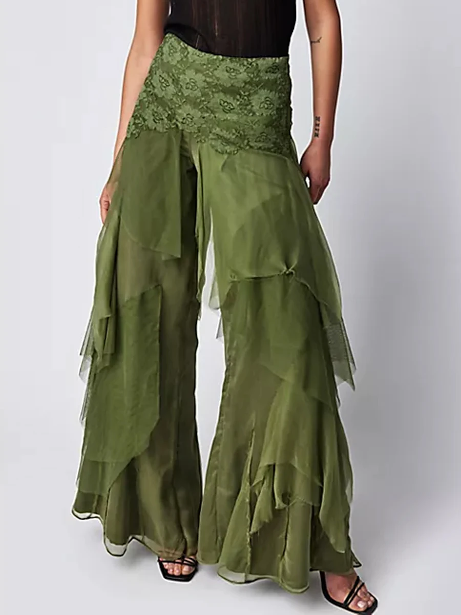 Wheelorx Y2K Ruffle Wide Leg Pants – High Waist Streetwear Trousers for Women  