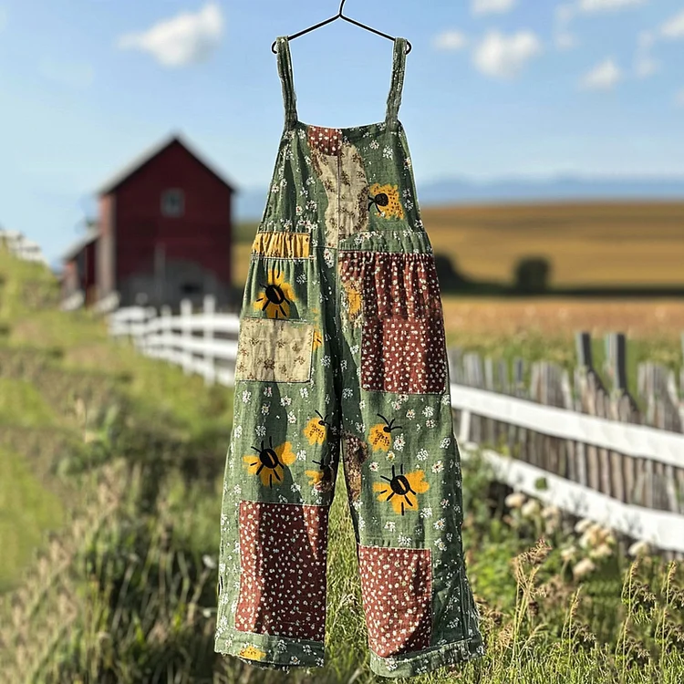 Simpfit Nachahmung aus Baumwolle und Leinen-Jumpsuit mit Insekten-Wildblumen-Patchwork-Print