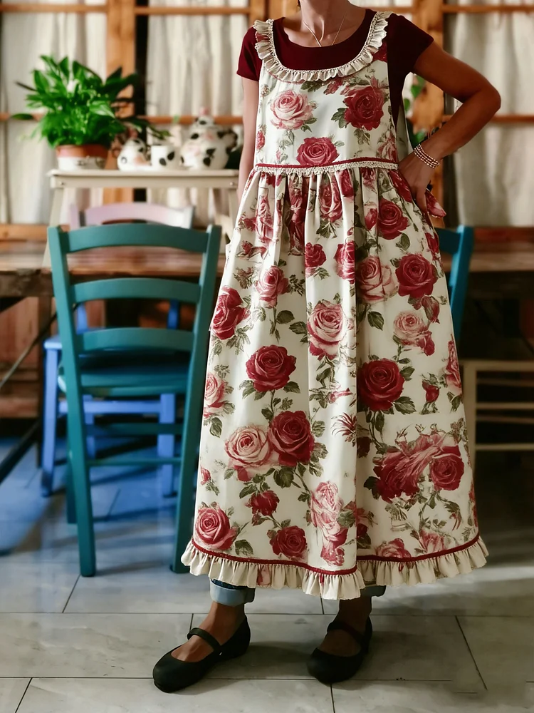 Rose Floral Print Ruffle Trim Apron