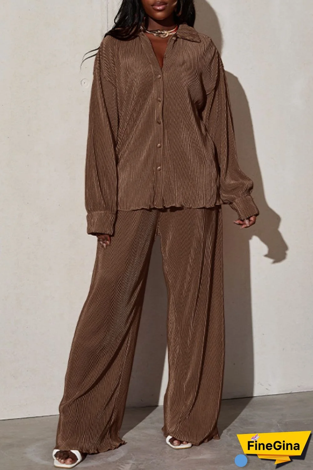 Brown Casual Solid Patchwork Turndown Collar Long Sleeve Two Pieces