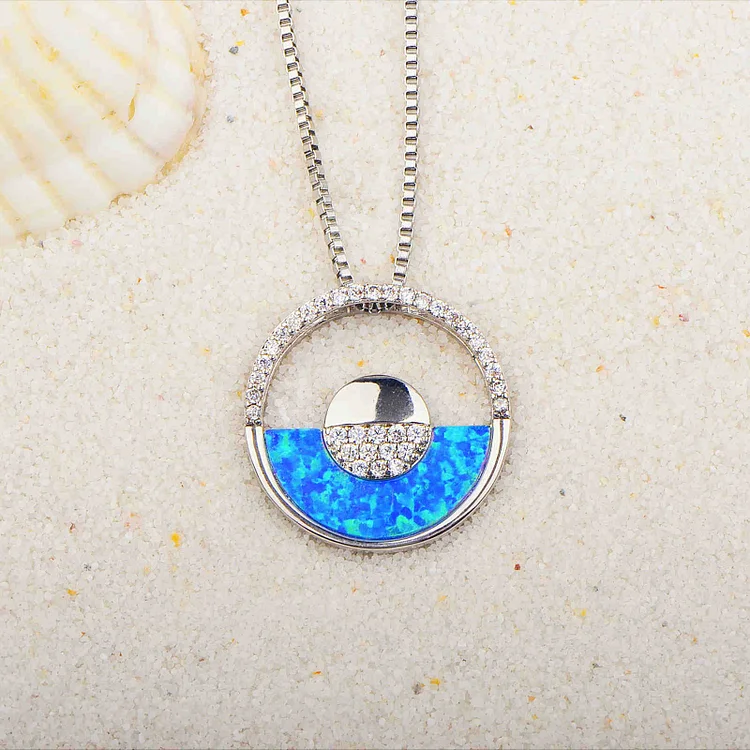 Olivenorma Hawaiian Blue Opal Round Pendant Necklace