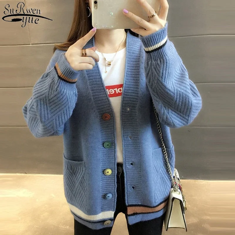 Korean retro V-neck single-breasted women's sweater women's new fall/winter 2021 casual cardigan knitted cardigan 10910