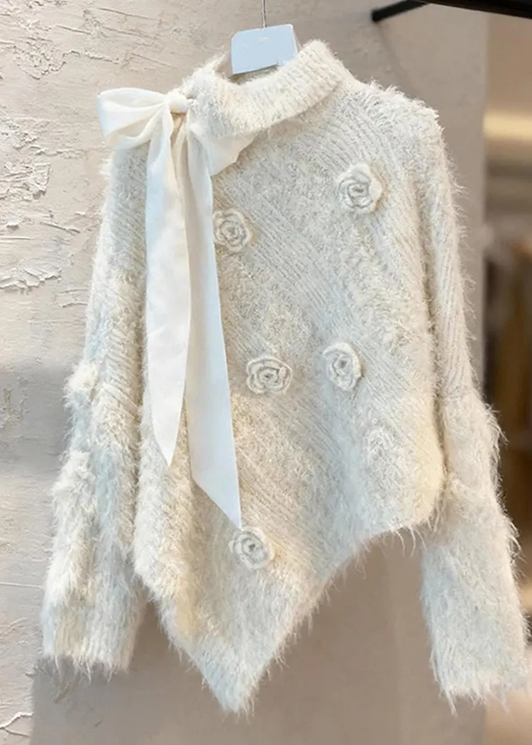 Chic Apricot Asymmetrical Bow Patchwork Cotton Knit Sweater Spring