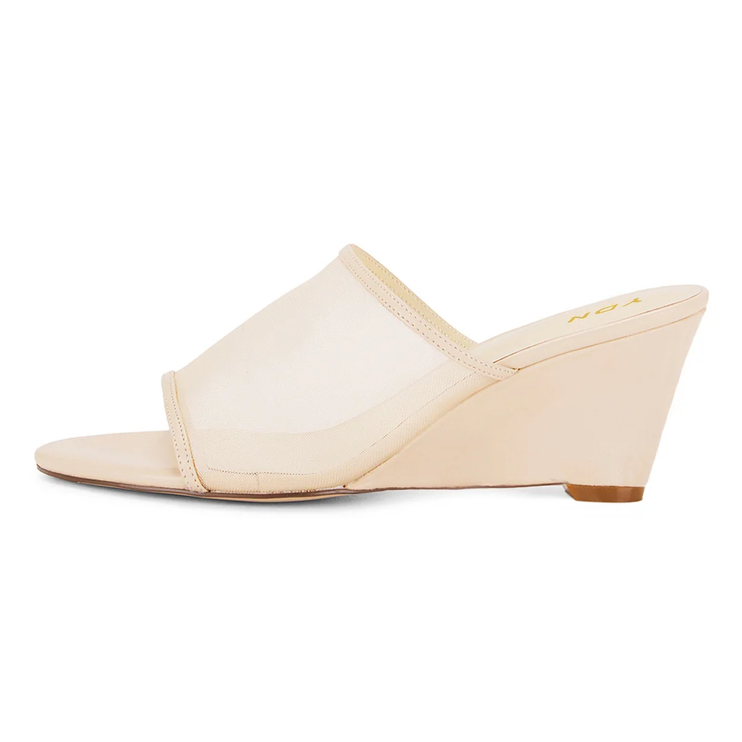 Beige Wedge Heel Mesh Open Round Toe Slides for Women