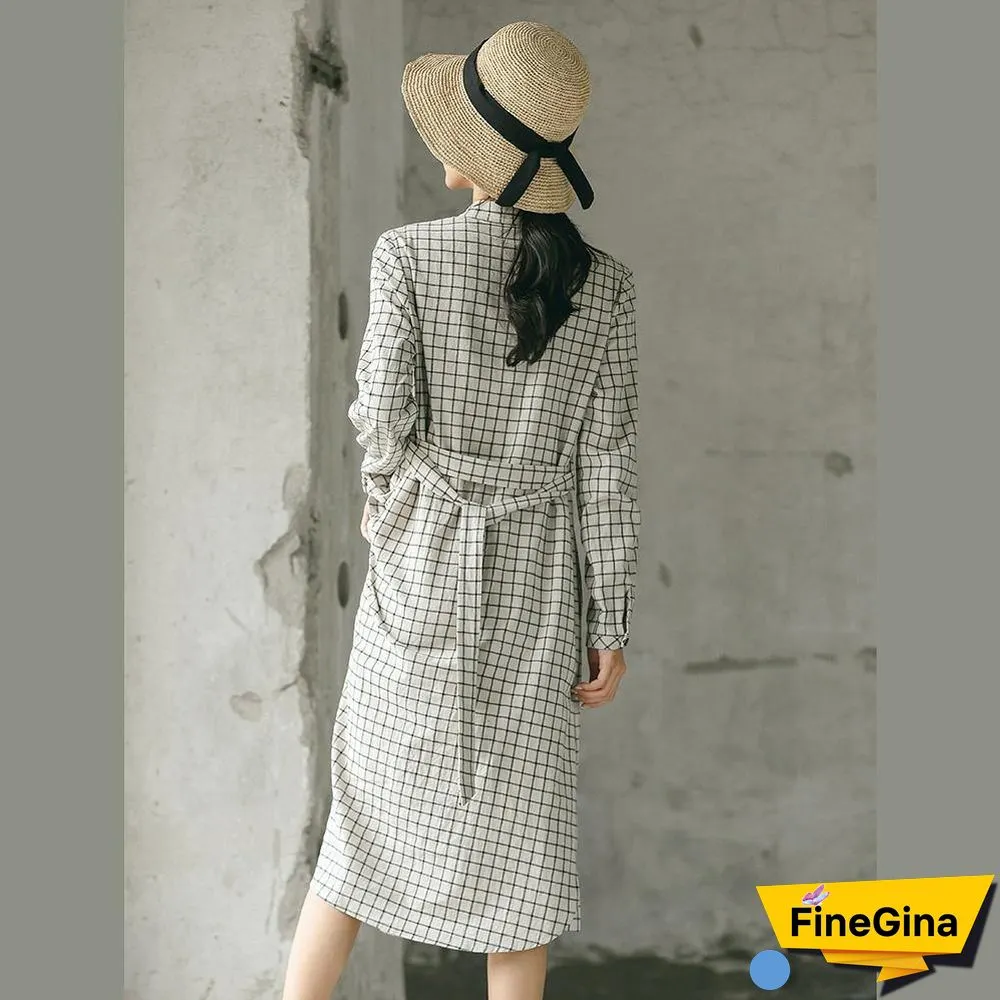 2018 Plaid fall casual linen dress baggy turn-down Collar linen dress