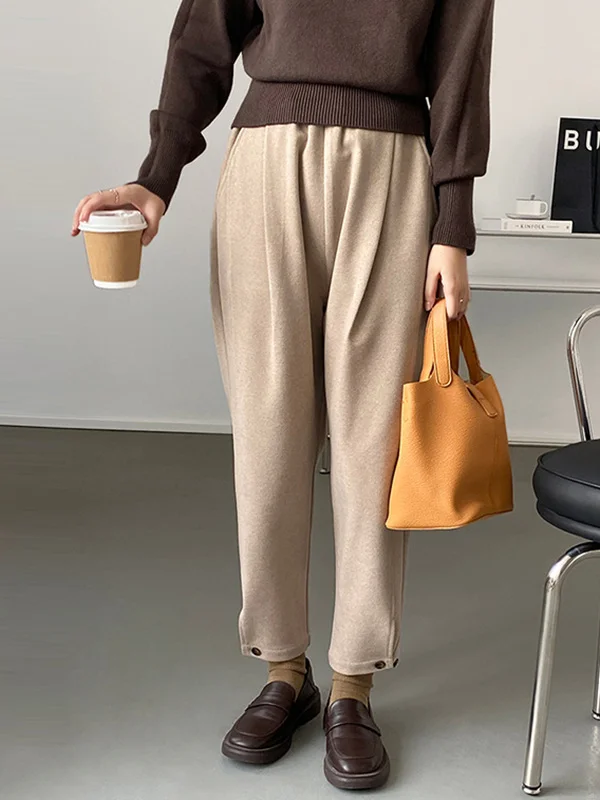 Casual Pure Color Buttoned High-Waisted Pants