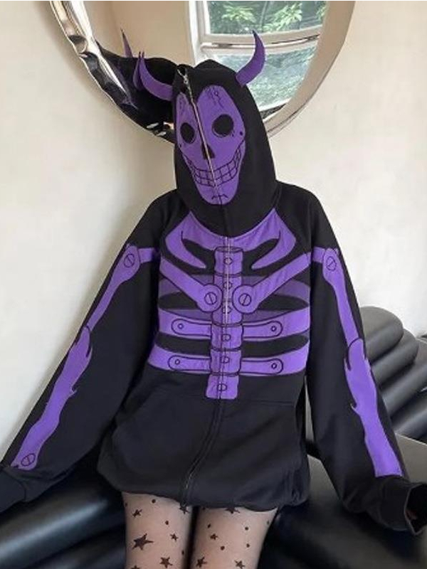 Goth Death Horn-trimmed Skull Printed Hoodie