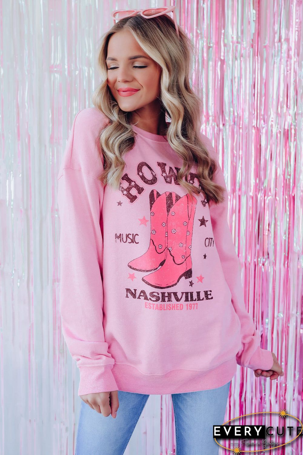 Pink HOWDY NASHVILLE Vintage Western Graphic Sweatshirt