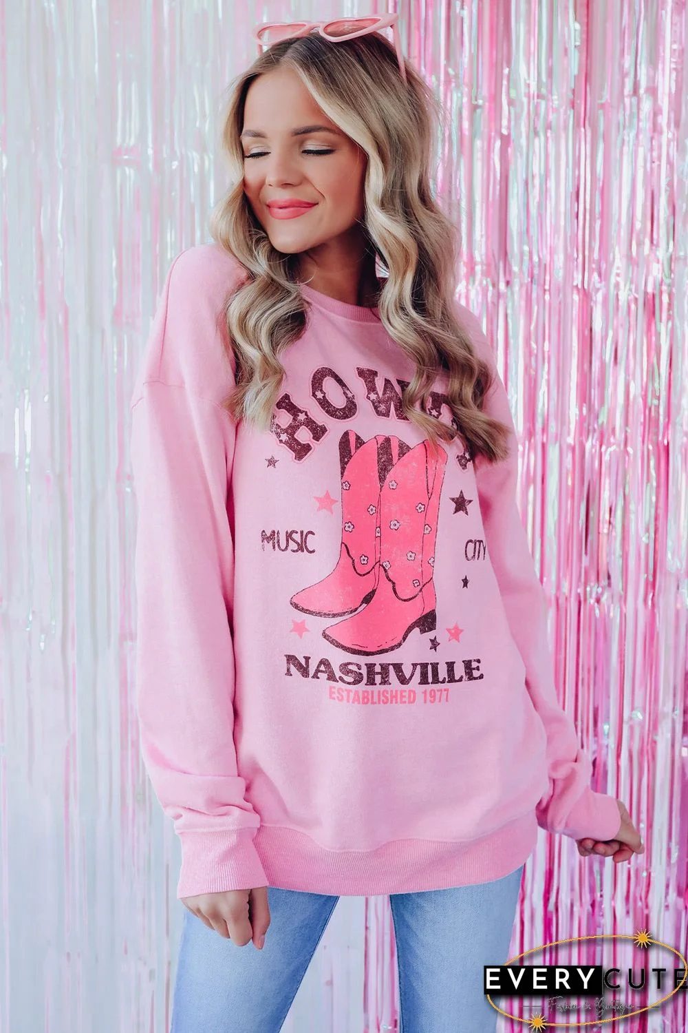 Pink HOWDY NASHVILLE Vintage Western Graphic Sweatshirt