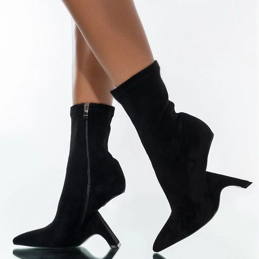 Black Suede Pointed Toe Decorative Heel Ankle Boots Nicepairs