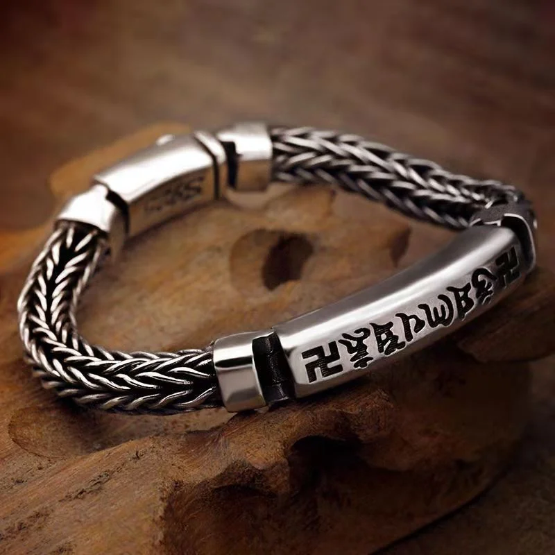 925 Sterling Silver Six-character Mantra Amulet Lucky Braided Bracelet