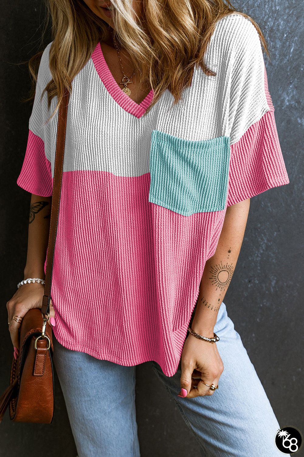 Rose Red Color Block Patch Pocket Corded V Neck Tee | 168DEAL