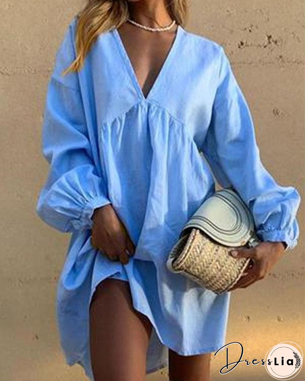 Linen Cotton V Neck Pleated Lantern Sleeve Mini Dress Casual Dress