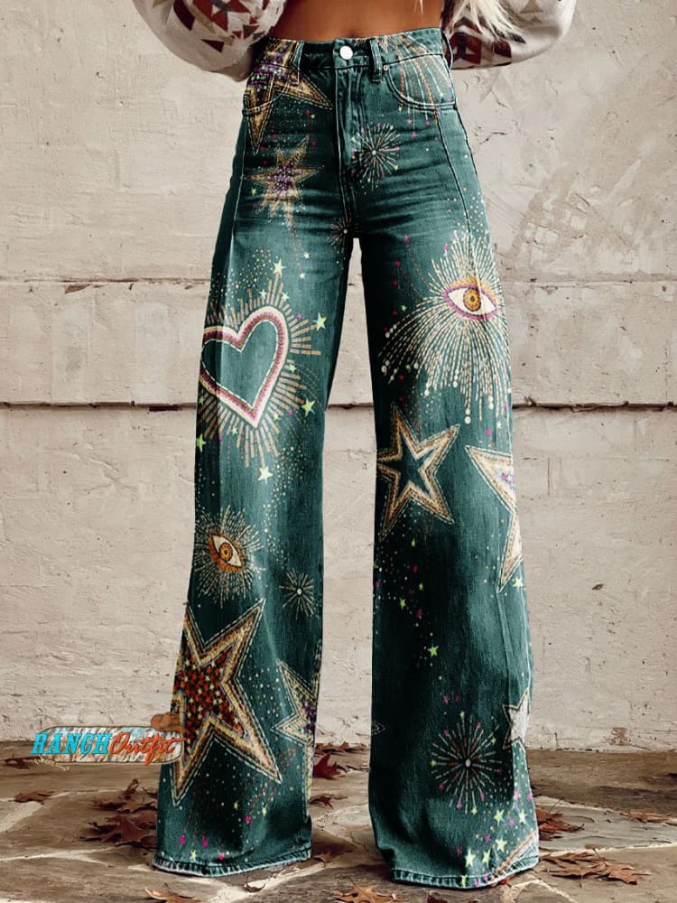 Women’s Vintage Print Casual Wide Leg Pants Multicolor / Xs