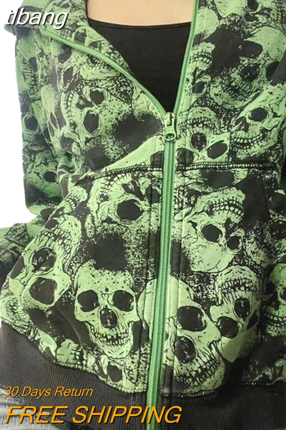 tlbang Skull Sweatshirt Green Graphic Long Sleeve Hooded Tops with Pockets y2k Aesthetic Hoodie Women 2000s Gothic Punk Coat