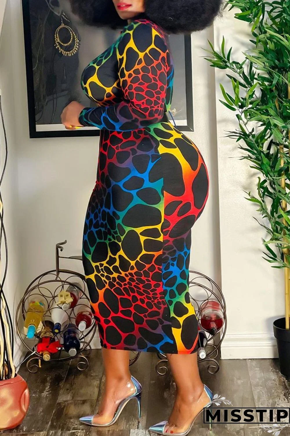 Multicolor Fashion Casual Print Without Belt O Neck Plus Size Dresses