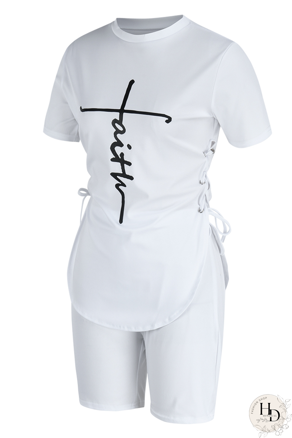 White Casual Print Draw String O Neck Short Sleeve Two Pieces