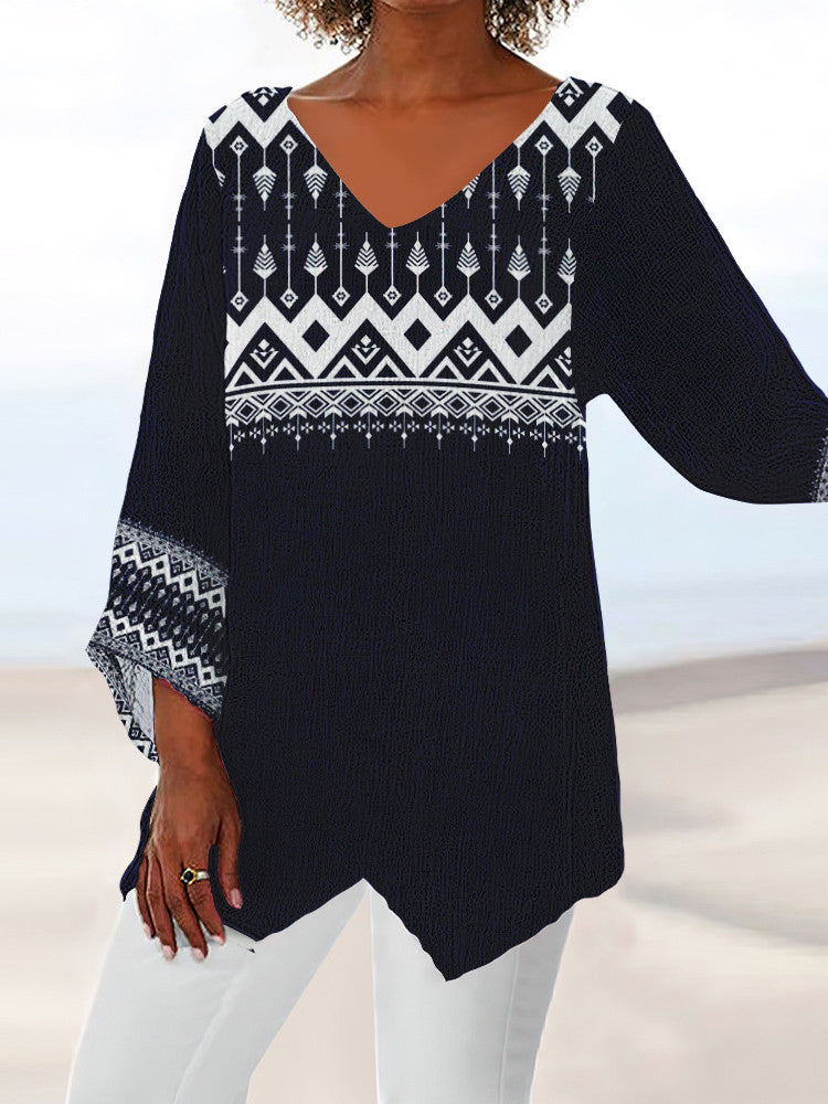 Women Asymmetrical 3/4 Sleeve V-neck Geometric Graphic Top Dress