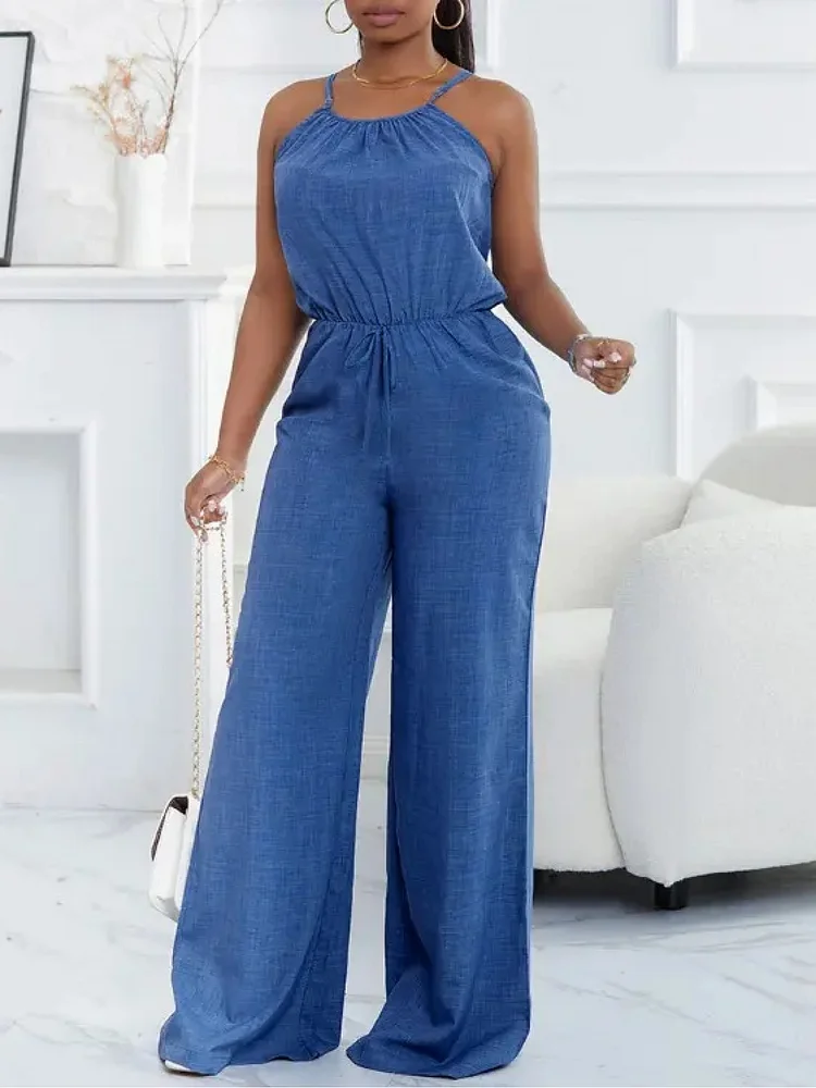 Women's Sleeveless Denim Jumpsuit - Modern Casual Summer Outfit With Drawstring Waist & Thin Straps, Breathable Blue Solid Color, Sizes S-Xxl, Relaxed Style, Trendy Fashion, Lightweight Clothing, Fashion Lovers, Vacation Outfit, Comfortable Material