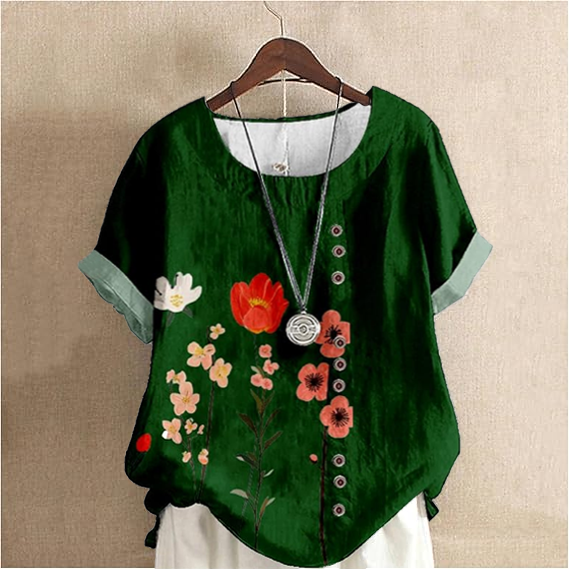 Women'S Small Colorful Flower Cotton And Linen Short Sleeve Top