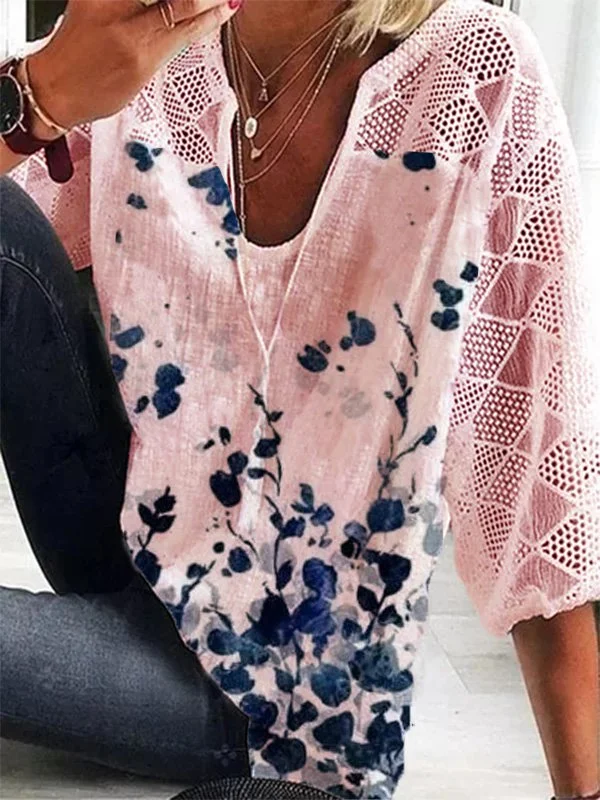 Floral-Print 3/4 Sleeve Casual Cotton-Blend Tops