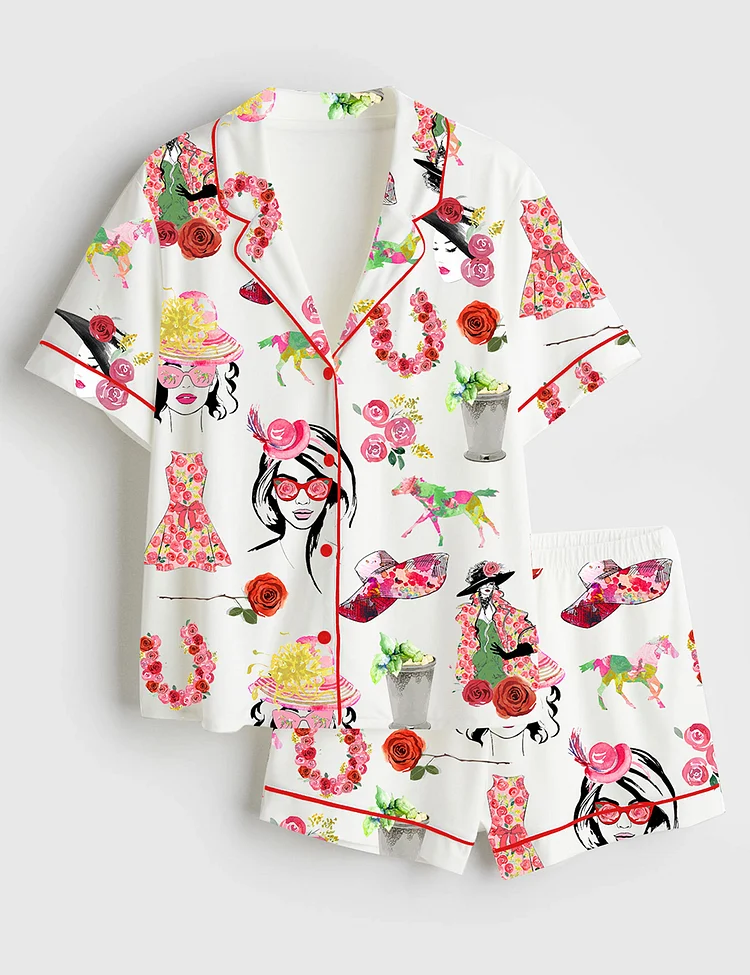 Women&rsquo;s The Kentucky Derby Derby Fashion Planner Girl Rose Horse Western Short Sleeve Satin Pajama Set