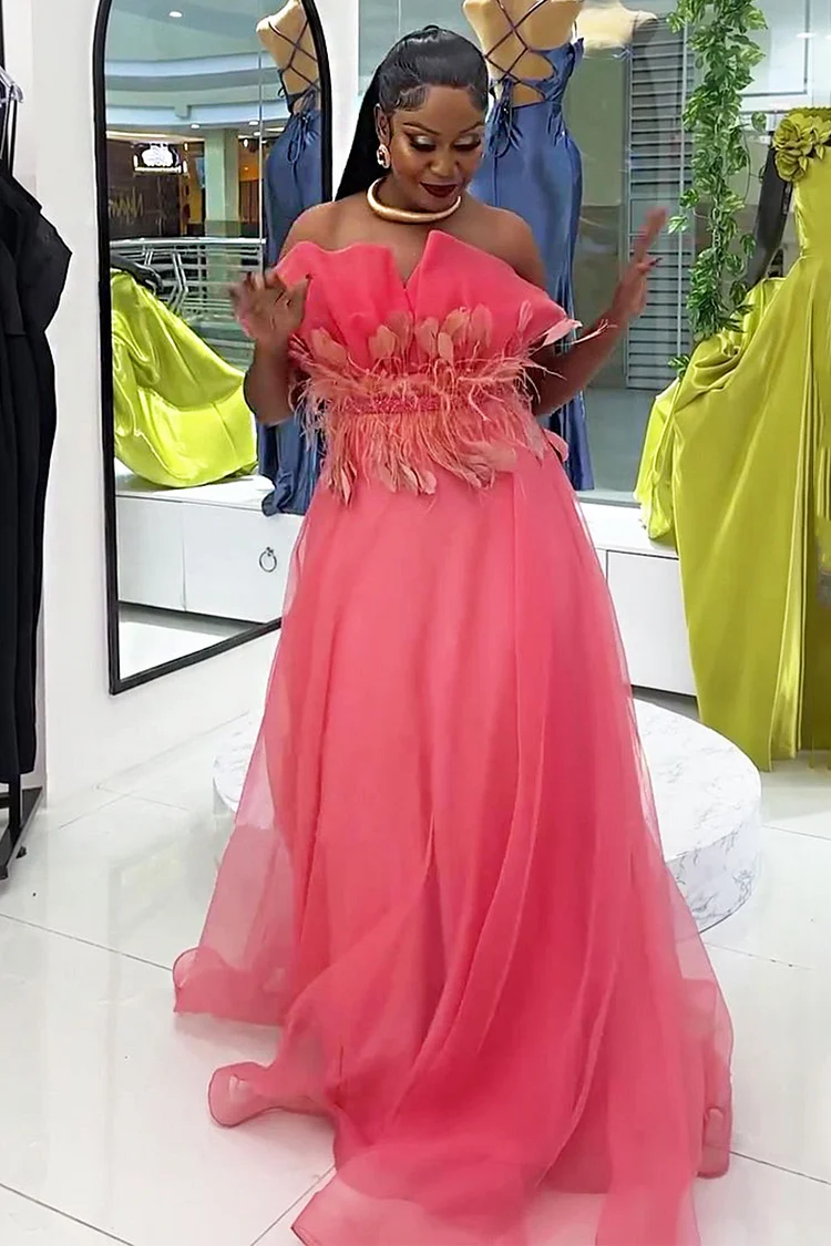 Strapless Feather Waist Mesh Layered Party Maxi Dresses-Pink [Pre Order]