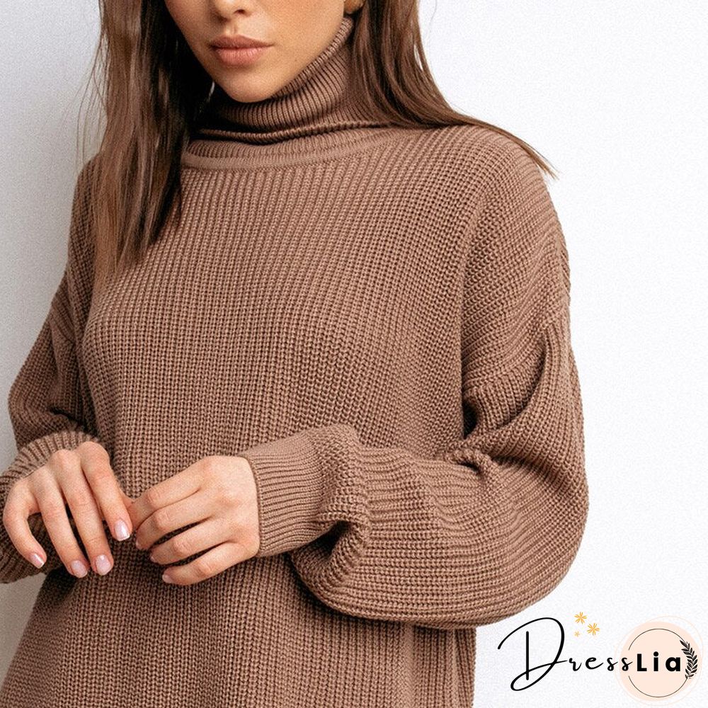 Womens Oversized Sweater Black Turtleneck Long Sleeve Autumn Winter Loose Jumper Beige