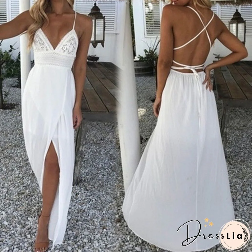 Boho Women Long Dress Backless Halter V Neck Maxi Beach Bohemia Dresses Sundress