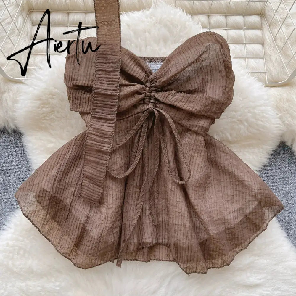 Aiertu Beach Style Chiffon Tube Top Halter Ribbons Drawstring Lace Up Bow Off Shoulder Backless Fashion Streetwear Sexy Vest Aiertu