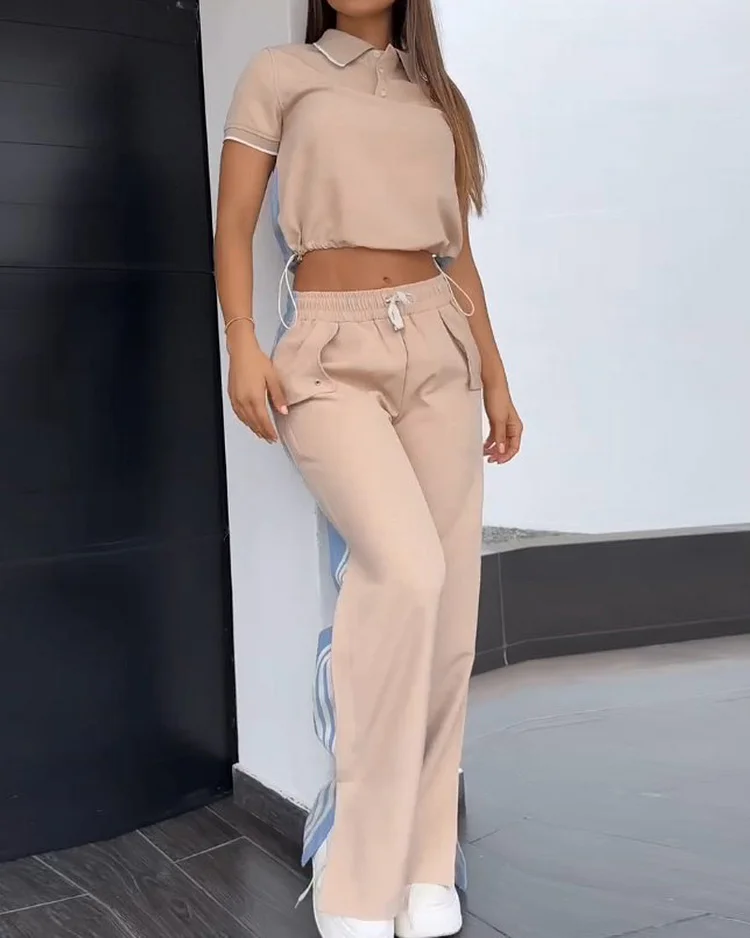Lapel short-sleeved color stitching two-piece suit