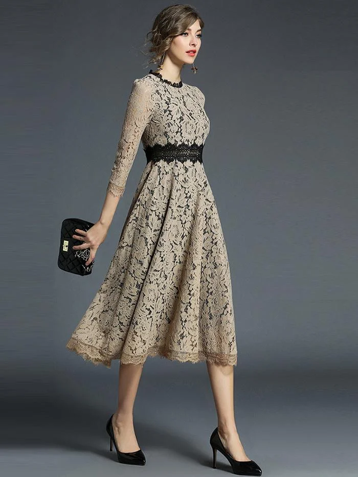 High-end boutique women's wind crochet flower hollow lace dress large swing dress