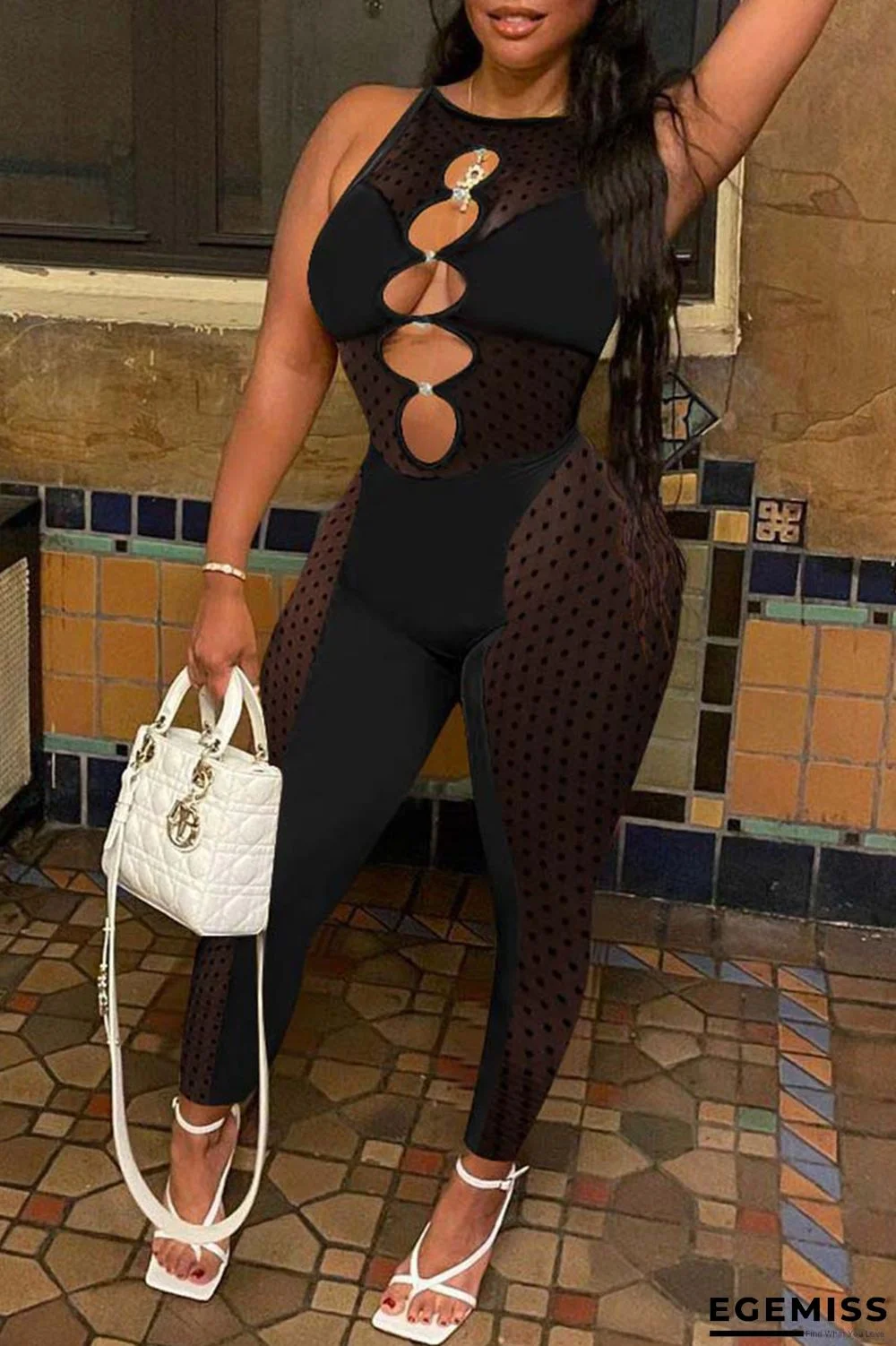 Black Sexy Solid Hollowed Out Mesh O Neck Skinny Jumpsuits | EGEMISS