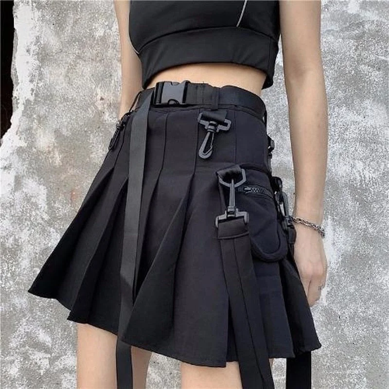 HOUZHOU Gothic Pleated Cargo Skirt Women Harajuku Punk Belt Pocket High Waist Black Mini Skirt Summer Mall Goth Kpop Streetwear